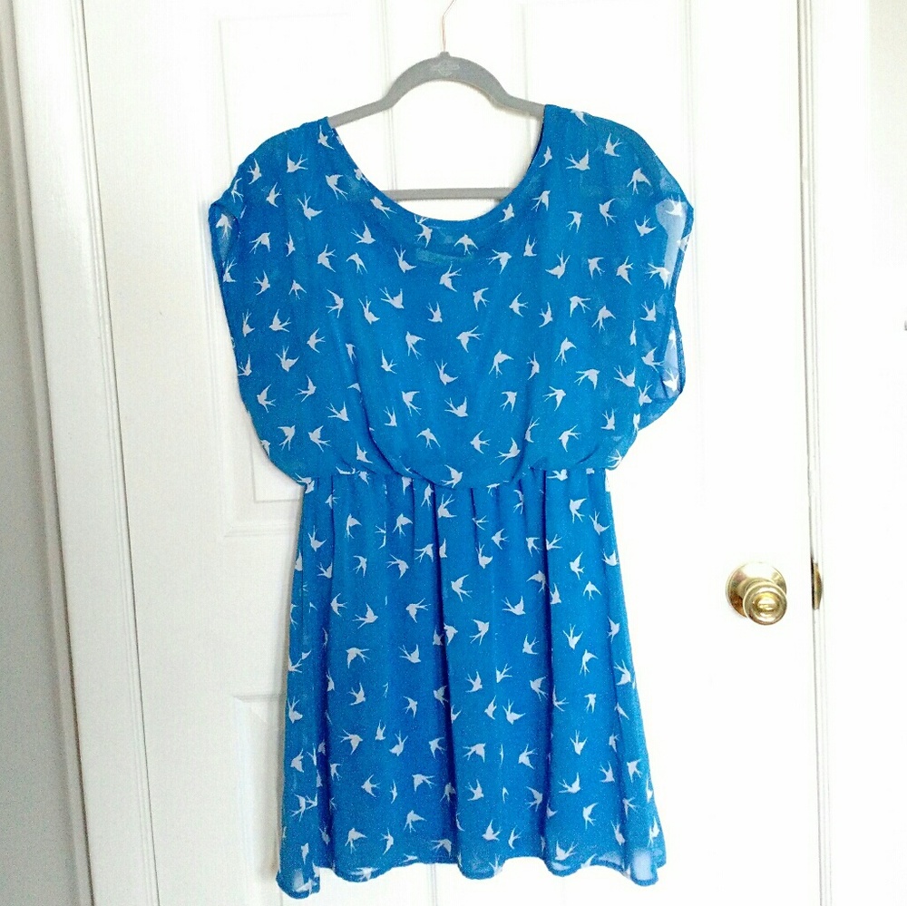 Forever 21 Bird Print Dress Bkue White Medium